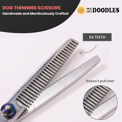 Dog Grooming Scissors Kit with Rounded Blunt Tips - Straight, Curved & Thinning Shears - Best Tools for Goldendoodles, Poodles & Doodles - Professional Grade Steel, 4 Pc Set [We Love Doodles]