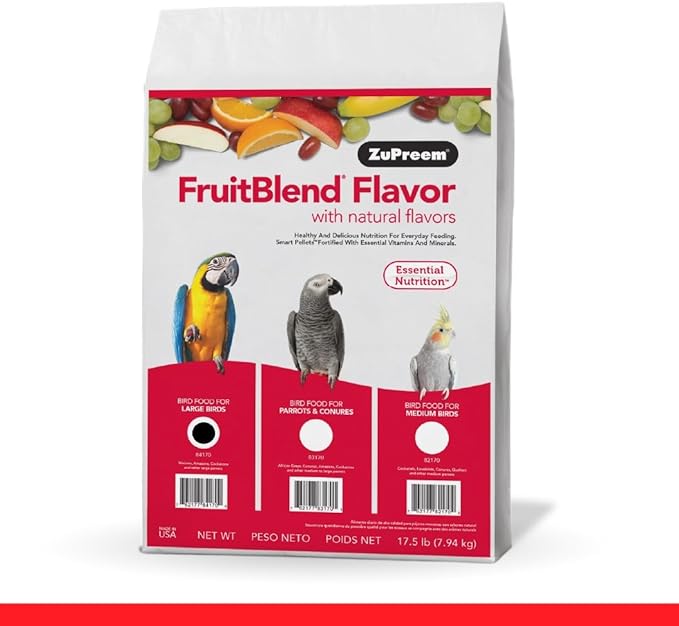 ZuPreem FruitBlend Bird Pellets, Daily Bird Food for Amazon, Cockatoo, Macaw, Core Nutrition for Large Birds, Made in USA, Macaw Pellets (L, 17.5 lb)