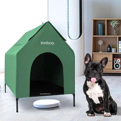 29" 2-in-1 Dog House for Medium Dogs, Elevted Dog House Outdoor/Indoor, Puppy Shelter Outside,Water Resistant 600D PVC and Durable 2x1 Textilene Raised Dog Bed(Green)