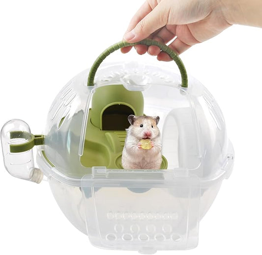 Portable Hamster Carrier Cage,Plastic Hamster Travel Carrier with Water Bottle Food Bowl,Green Lightweight Carrying Case for Small Animal Dwarf Syrian Rat Mice