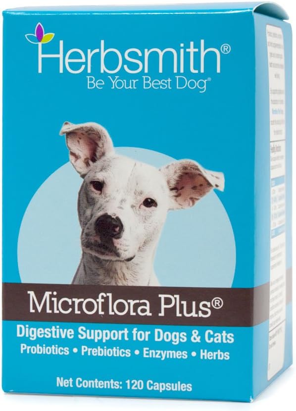 Herbsmith Microflora Plus  Dog Digestion Aid _robiotics and Digestive Enzymes for Dogs  Prebiotic for Dogs  120 Capsules