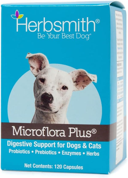 Herbsmith Microflora Plus  Dog Digestion Aid _robiotics and Digestive Enzymes for Dogs  Prebiotic for Dogs  120 Capsules