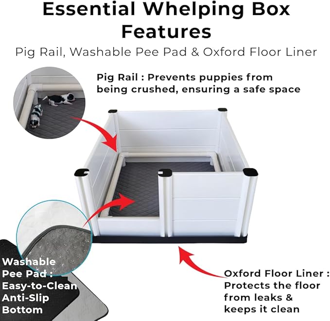 Whelping Box & Puppy Playpen – 48 x 48 x 18 Inch, Upgraded Reinforced Design with Easy-Open Door, Pig Rails, Waterproof Pee Pad & Oxford Floor Liner – Indoor/Outdoor, Easy to Clean (Premium Ver.)
