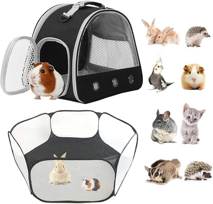 2-Pack Guinea Pig Carrier and Playpen Set - Breathable Pet Playpen Pop Open Outdoor/Indoor Exercise Fence, Portable Small Animal Backpack for Bearded Dragon, Rabbits, Hamster, Chinchillas