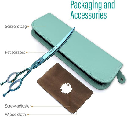 Dog Grooming Scissors: Blueish Green 7.5 inch Professional Pet Curved Shears Made Of Japanese 440C Advanced Stainless Steel for Dogs Cats and Other Pets