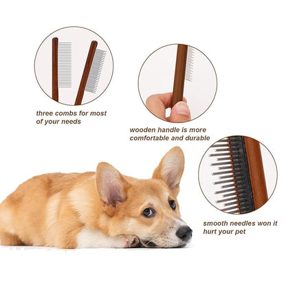 2pcs Solid Wood Grooming Combs with Wide & Narrow Rounded-Tip Steel Teeth - Metal Flea & Lice Comb for Dogs, Cats, Small & Medium Pets' Tangled Hair