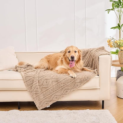Qeils Jacquard Dog Blankets for Large Dogs, Cozy Calming Pet Blanket Washable for Couch Protection, 280GSM Coral Fleece Plush Fluffy Throw Blanket, Taupe Boho, 50x60IN