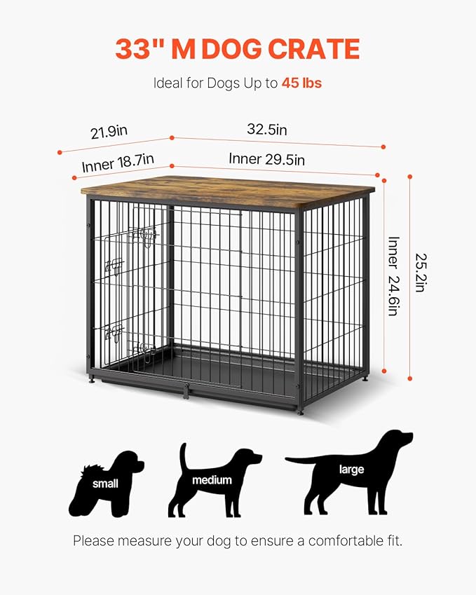 VEVOR 33" Dog Crate Furniture, Dog Kennel Furniture with Double Doors, 2-in-1 Decorative Wooden Dog Crate with Removable Tray, Dog Crate End Table Hold up to 45 lbs for Small, Medium Dogs Brown