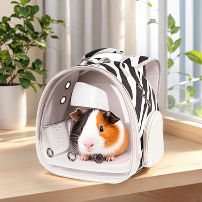 Portable Small Animal Backpack with Zebra Printing, Space Capsule Bubble Pet Carrier Cage Travel for Guinea Pig, Rabbit, Hamster, Bird, Bearded Dragon, Sugar Glider, Squirrel, Tortoise, Lizard