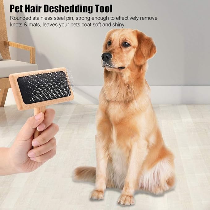 Oumefar Bamboo Cushion Premium Cat Grooming Brushes Pet Hair Comb Pet Slicker Brush Wooden Eco-Friendly with Stainless Steel Pins for Pets Dogs Cats(Square head large)