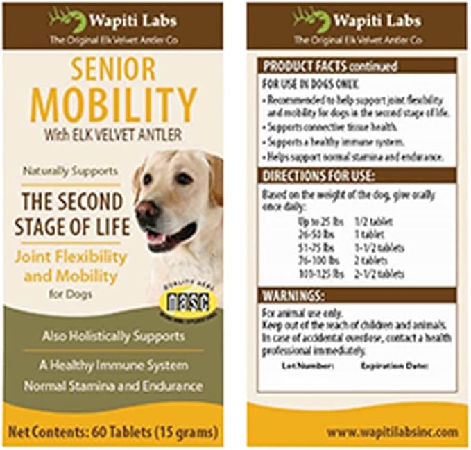 60 Count Senior Dog Mobility with Elk Velvet Antler Tablets