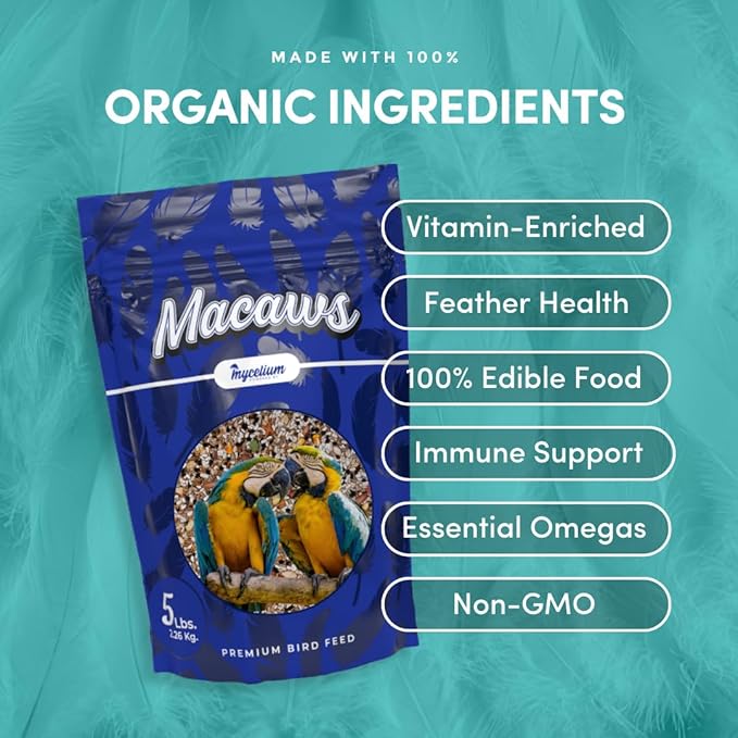 Mycelium Premium Macaw Food | High Protein & Fiber | Safe & Clean Pet Bird Food | Nut Seed Blend with Vitamins, Corn, Buckwheat, Sunflower, Peanuts & Whole Hemp Seed | Organic, Non-GMO 5 lb Bag