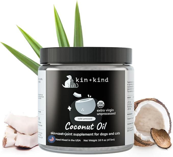 Organic Coconut Oil Pet Supplement for Dogs & Cats - Natural Skin and Coat Support with Cold Pressed Extra Virgin Coconut Oil - Itchy Skin & Dry Cracked Noses - Made in USA - 16 fl oz (Large)