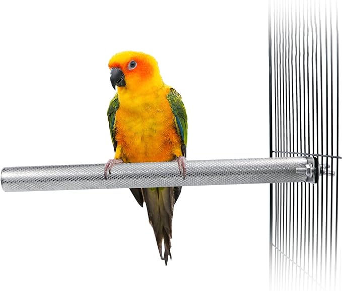 Wontee Bird Perch Stand Stainless Steel Parrot Cage Perch Accessories for Parakeets Cockatiels Conures African Greys Macaws Amazon Parrots (L (11.8"x1")