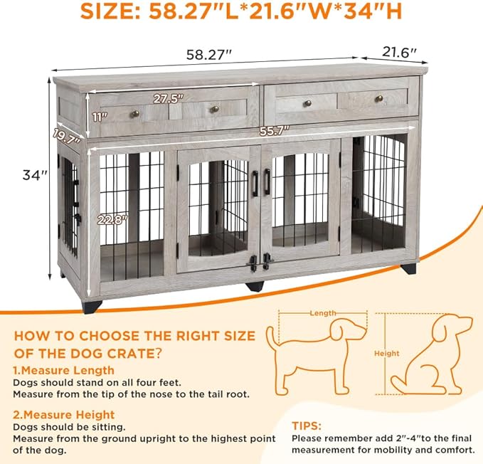 2 Dog Crate Furniture for Large Breeds,Large Dog Kennel Furniture TV Stand,58" Wooden Dog Kennel End Table with Drawers,Double Dog House with Divider