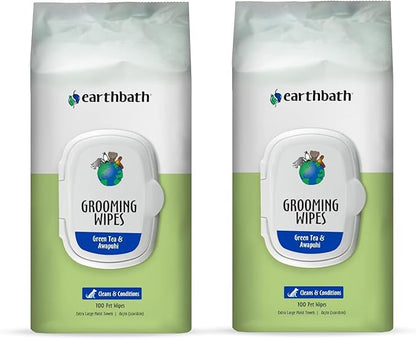 earthbath, Green Tea & Awapuhi Grooming Wipes - Dog Wipes for Paws and Butt, Best Pet Wipes for Dogs & Cats, Made in USA, Cruelty-Free Dog Cleaning Wipes, Removes Dirt & Dander - 100 Count (2 Pack)