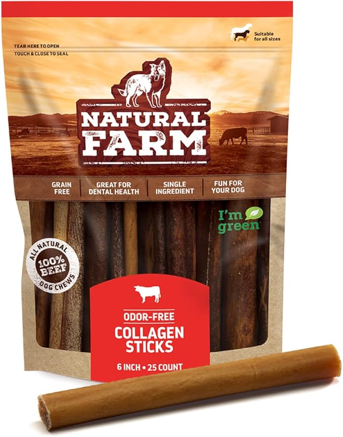 Natural Farm Collagen Sticks for Dogs (6 Inch, 25 Pack), Odor-Free Long Lasting Collagen Chews & Rawhide Alternative- 95% Collagen, Low Fat, High Protein- Best Dental Dog Treats  Medium & Large Dogs