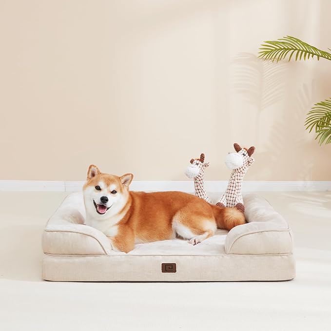 EHEYCIGA Orthopedic Dog Bed for Small Dogs, Waterproof Memory Foam Small Dog Beds with Sides, Non-Slip Bottom and Egg-Crate Foam Medium Dog Couch Bed with Washable Removable Cover, Beige