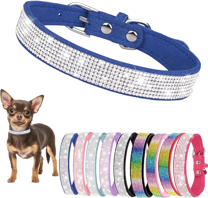 Small Dog Collars for Female Dogs, Rhinestone Dog Collar with Diamond Crystal Glitter Bling Female Cat Collars for Puppy XXS XS Small Dogs and Kitten, Blue, S
