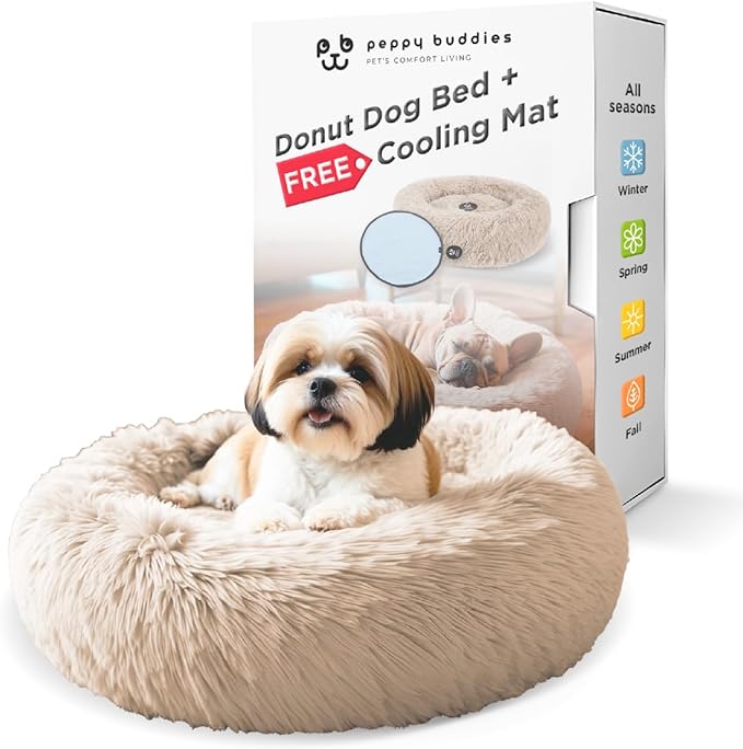 Small Donut Dog Bed, Calming Dog Bed Washable Ideal for Small to Large Dogs and Cats & Round Dog Bed,Anti-Anxiety Multiple Sizes (Beige, Combo X-Small (21" L x 21" W x 7" Th))