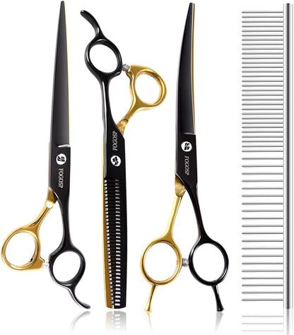 Dog Grooming Scissors Kit for Small Dogs, Black and Gold Two-Color Blender Shears Curved Scissors Straight Scissors 3pcs Set(Black&Gold,Kit)