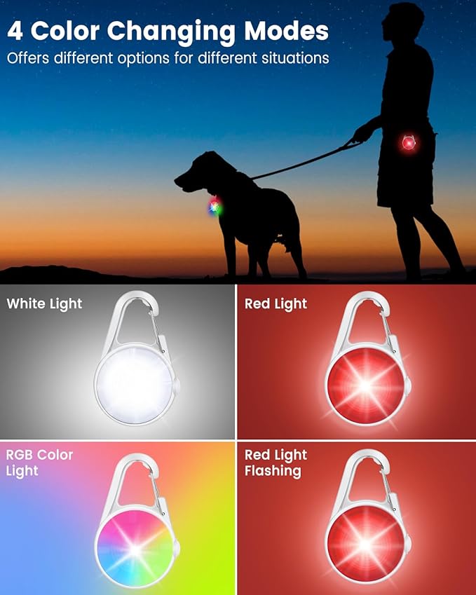 Dog Lights for Night Walking, 2 Pack 4 Modes Dog Collar Light, Rechargeable Dog Walking Light for Nighttime Clip On, IP68 Waterproof Safety Light for Running, Cycling, Camping (White)
