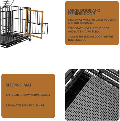 Heavy Duty Extra Large Dog Crate with Wheels - Indestructible 42/46 Inch Chew-Proof, Escape-Proof Kennel for High-Anxiety and Extra Large Dogs