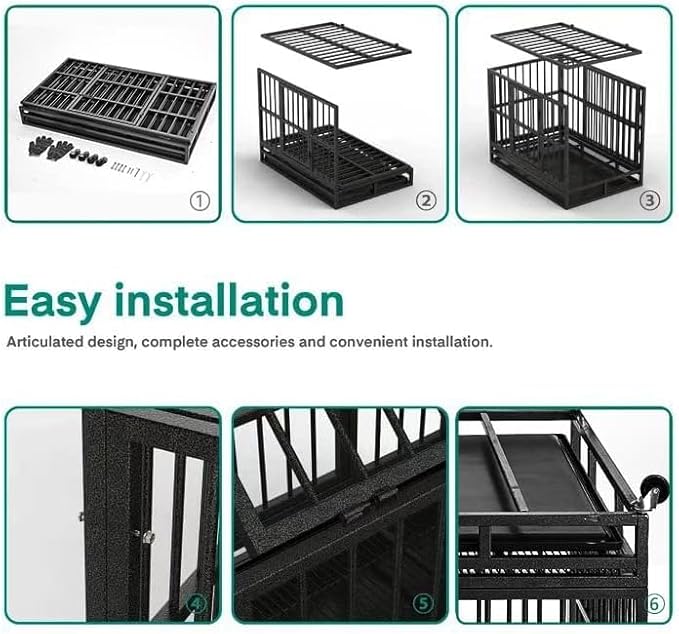 48/38 Inch Heavy Duty Indestructible Dog Kennel with Wheels, High Anxiety Crate, Sturdy Locks, Double Door and Removable Tray Design, Extra Large XL Crate
