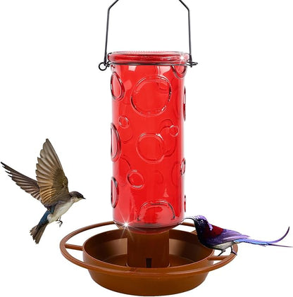 Juegoal Glass Wild Bird Waterer, 28 oz Wild Bird Feeder for Outdoors, Water Cooler with Metal Handle Hanging for Garden Tree Yard Outside Decoration, Red