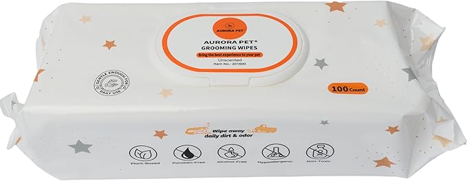 Aurora Pet Wipes – 100% Natural, Plant-Based Hypoallergenic Grooming Wipes for Dogs & Cats – Extra-Durable, Large & Thick for Effortless Cleaning (Unscented, 100 Count)
