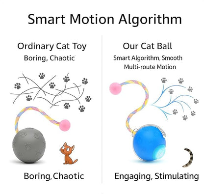 Interactive Cat Ball Toy, Automatic Self-Rolling, Motion-Activated, 3 Replaceable Teaser Wand Tails, Food-Grade TPU-Reinforced, Built-In Bluetooth Speaker with Preloaded Bird Sounds/Optional Music