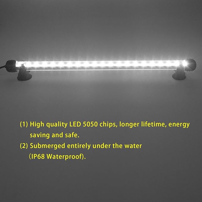 LED Aquarium Light, Fish Tank Lights Underwater Crystal Glass Bright IP68 Waterproof Submersible Strip Bar Aquarium Tank Light, White, 15 Inch