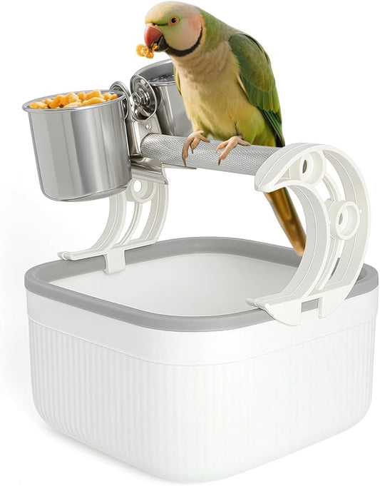 Bird Desktop Training Stand with Detachable Stainless Steel Double Bowls Feeder, Easy Clean Portable Bird Perches Stand with Detachable Base for Parakeets, Small-Sized Birds, Parakeet Cage Accessories