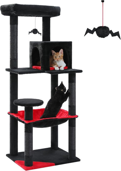 PETEPELA 56.3" Gothic Cat Tree for Indoor Cats, Tall Cat Tower with Super Large Hammock (20"X16"), Sisal Covered Scratching Posts, Cozy Condo and Top Perch Black