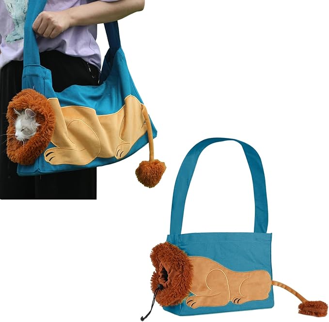 Dog Carrier Sling Lion-Shaped Pet Canvas Bag Cat Shoulder Bag Pet Body Holder for Daily Use Walking Travel Outdoor, Acid Blue L