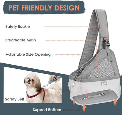 SlowTon Pet Dog Sling Carrier, Hands Free Hard Bottom Papoose Small Animal Puppy Up to 12 lbs Travel Bag Tote Breathable Mesh Support Adjustable Padded Strap Pocket Safety Belt Machine Washable