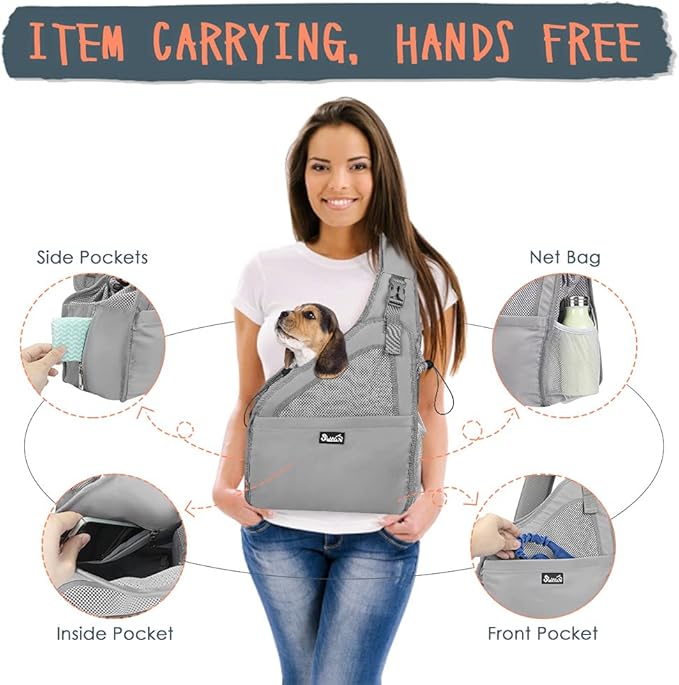 SlowTon Pet Dog Sling Carrier, Hands Free Hard Bottom Papoose Small Animal Puppy Up to 6 lbs Travel Bag Tote Breathable Mesh Support Adjustable Padded Strap Pocket Safety Belt Machine Washable