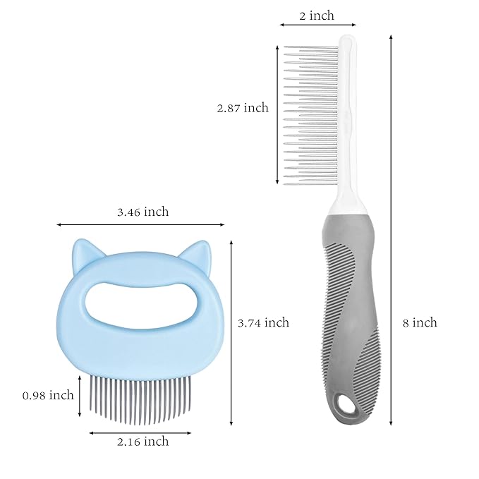 SKYPIA Dog & Cat Combs For Home Grooming Massage Kit  2-IN-1 Detangler Brush with Massaging Shell Comb For Long & Curly Hair, Removes Knots, Mats and Tangles Pet Hair Remover Soft Dematting and Deshedding For Dog Puppy Rabbit (Blue, 2 Pcs)