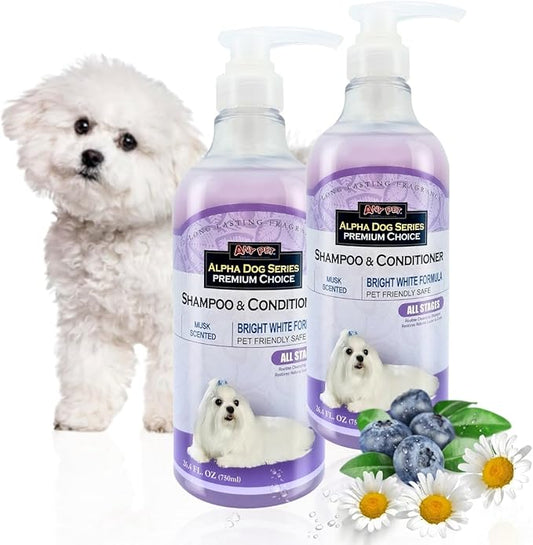 Alpha Dog Series Bright White Natural Whitening Dog Shampoo and Conditioner for Dogs with Aloe Vera, pH Balanced Dog Shampoo and Conditioner Set, Tear-Free for Sensitive Skin 26.4 Oz (Pack of 2)