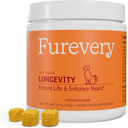 Longevity Dog Multivitamin 11-in-1 Daily Chews Chicken Flavored with Flaxseed, 60 Count, Supports Hip and Joint Health, Immune System, Skin and Coat, Heart Health, Energy and Vitality