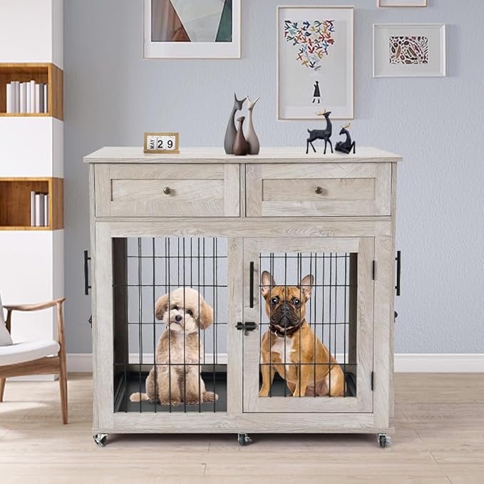Double Dog Crate Furniture with 2 Drawers,Wooden Dog Crate End Table,2 Dogs Wooden Dog Cage Dog House for Small/Medium/Large