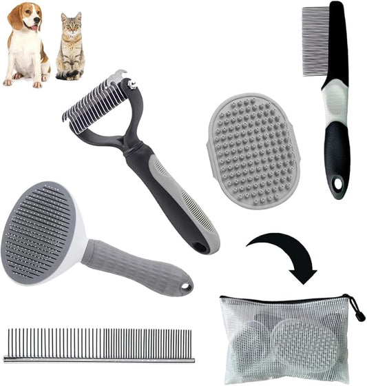 5PCS Grooming Kit for Dog,Puppy- Deshedding & Slicker Brush for Short-Haired Pets, Flea Comb and Grooming Comb Set Grey