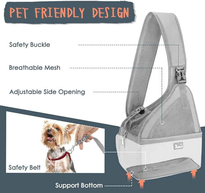 SlowTon Pet Dog Sling Carrier, Hands Free Hard Bottom Papoose Small Animal Puppy Up to 6 lbs Travel Bag Tote Breathable Mesh Support Adjustable Padded Strap Pocket Safety Belt(Widened Grey)