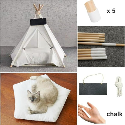 Solid Wood Cat Tent Indoor with Thick Mat,Portable Dog House Dog Teepee Tent,Cute Cat Teepee Cave, Cat Bed,Dog Bed Tent,Puppy Bed Tent,Bunny Tent,Pet Tent Teepee