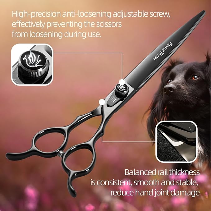 Dog Grooming Scissors: 7.5 inch Bright Black Pet Shears Set Made Of Japanese 440C Advanced Stainless Steel Professional Grooming Scissors for Dogs Cats and Other Pets