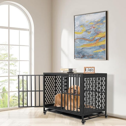 42'' Dog Crate Furniture, Wooden Dog Kennel with Lockable Wheels, Dog Crate End Table with Trays, Decorative Dog Kennel Indoor, Heavy Duty Dog Cage for Medium Large Dogs, Rustic Brown