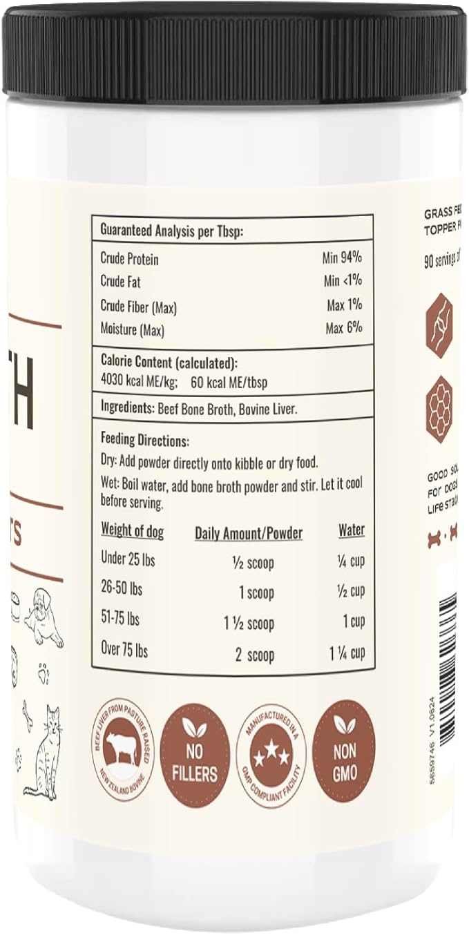 Bone Broth for Dogs and Cats with Beef Liver – Human Grade Grass Fed Beef Bone Broth Powder for Dogs – Dog Food Toppers for Picky Eaters - Supports Joints & Gut Health – Freeze Dried Liver - 8oz