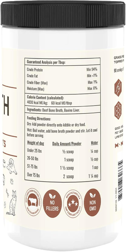 Bone Broth for Dogs and Cats with Beef Liver – Human Grade Grass Fed Beef Bone Broth Powder for Dogs – Dog Food Toppers for Picky Eaters - Supports Joints & Gut Health – Freeze Dried Liver - 8oz