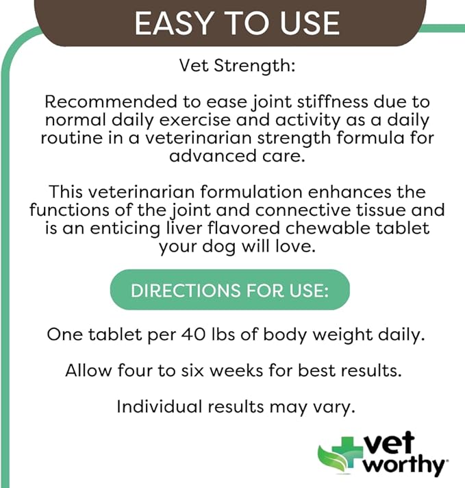 Vet Worthy Joint Support Level 4 - Chewable Tablet| Supports Bone Health and Healthy Joints - Dog Supplement with Glucosamine and Hyaluronic Acid | Vet Strength Joint Care | Liver Flavor, 60-Count