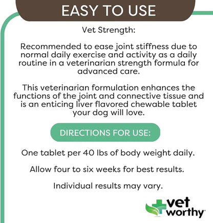 Vet Worthy Joint Support Level 4 - Chewable Tablet| Supports Bone Health and Healthy Joints - Dog Supplement with Glucosamine and Hyaluronic Acid | Vet Strength Joint Care | Liver Flavor, 60-Count